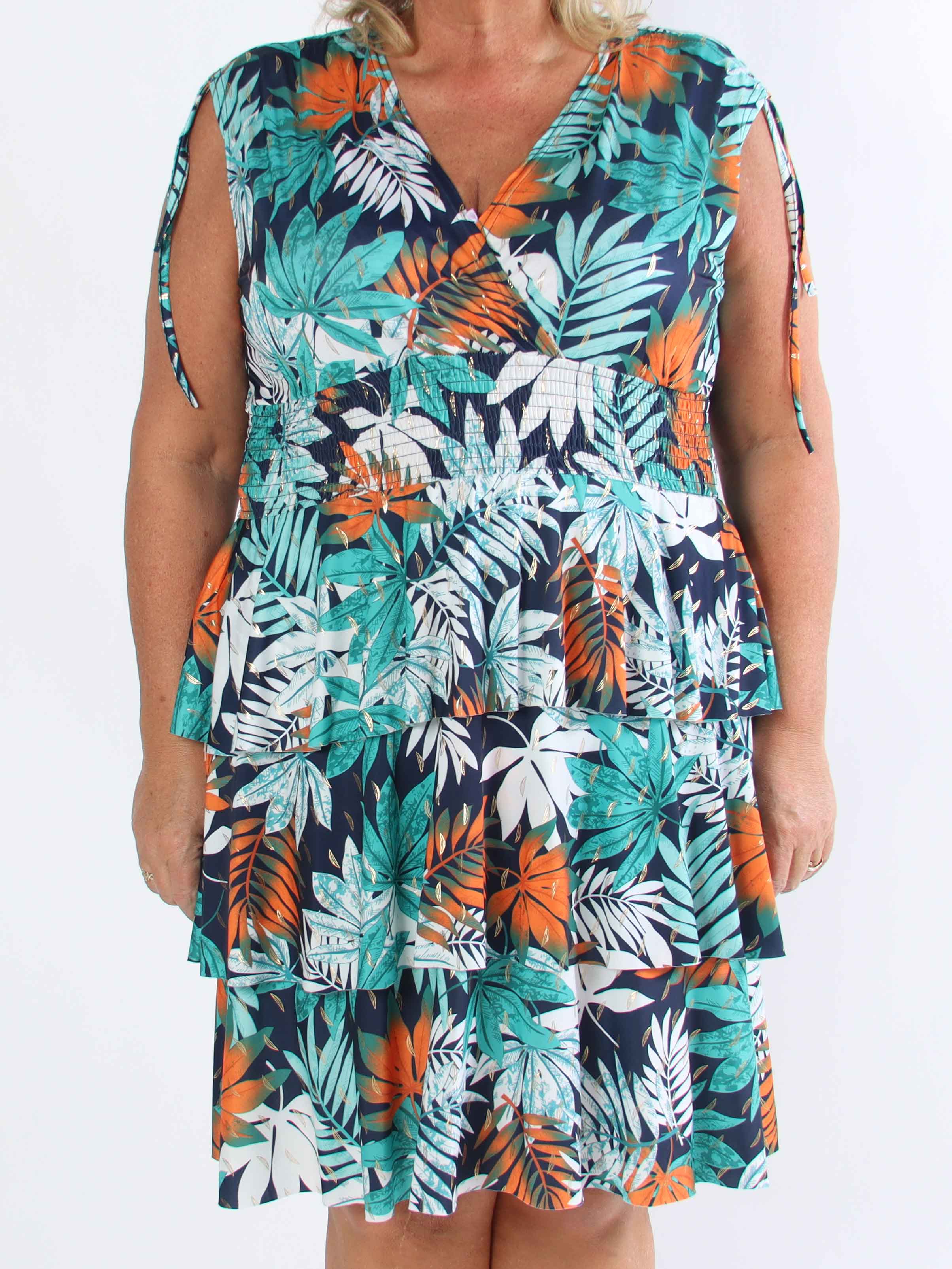 Pams Leaf Frills - Plus size kjole med bladprint og flæser